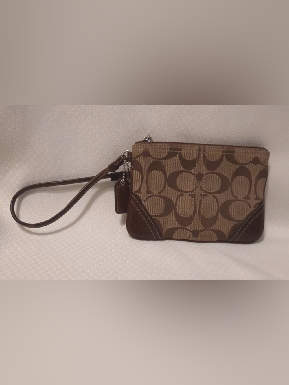 Coach Brown Signature Canvas Wristlet with Leather Trim